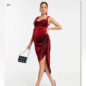 ASOS Maternity velvet cowl neck pencil midi dress in berry
